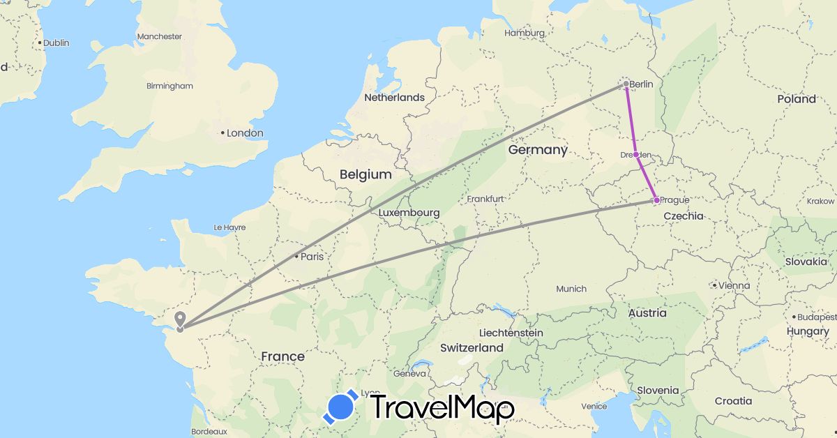 TravelMap itinerary: driving, plane, train in Czech Republic, Germany, France (Europe)